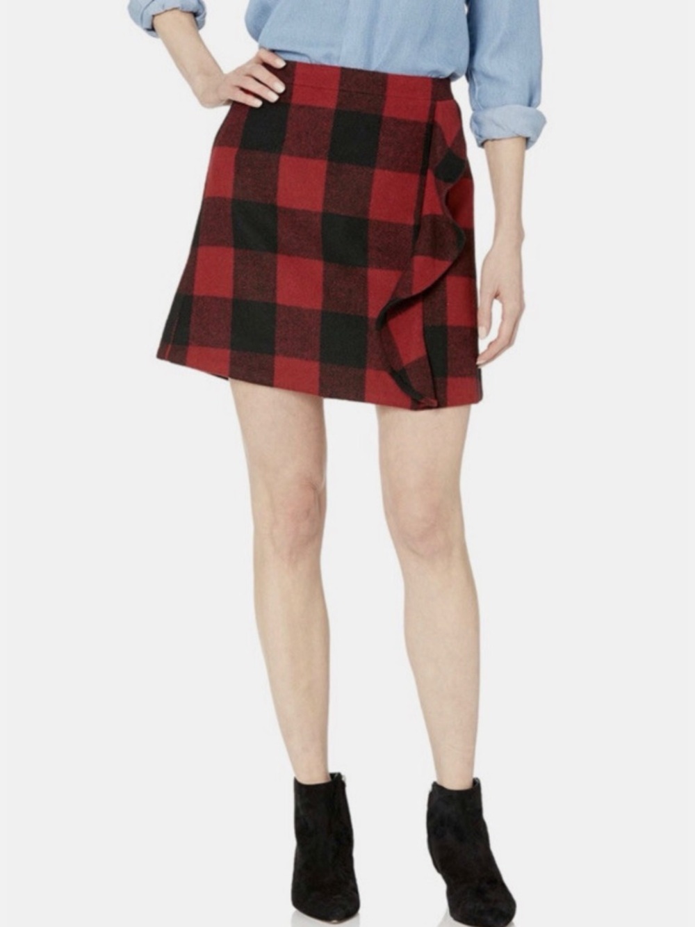 J Crew Red Black Buffalo Check Plaid Wool Blend Ruffle Skirt Women’s size 2 NWT